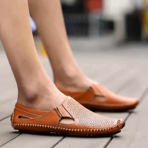 Image of Men's Breathable Summer Genuine Leather Sandal Perforated Casual Walking Driving Flats Shoes