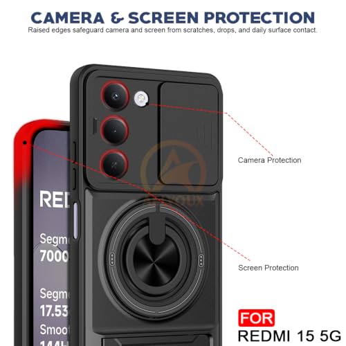 Image of Redmi 15 5G Back Cover | Armor Camera Slider 360 Degree Rotating Finger Ring Holder Case with Bracket Stand Back Case Cover (Compatible with MagSafe Accessories) (Black)