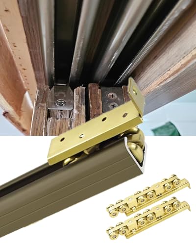 Kit de herrajes para puerta corrediza con ruedas de metal en acabado dorado cepillado y riel champagne de 38 pulgadas (96.5 cm), incluye 12 ruedas miniatura 1