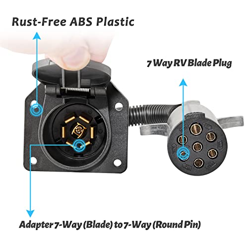 Mecmo 7 Pole Round To 7 Way Rv Blade Trailer Adapter Connector, Die-Cast Zinc 7 Way Round Pin Female Socket, Semi Truck Trailer Adapter For Commercial Vehicle/Pickup Truck/Tractor With Sae J560 Plug #TOP2