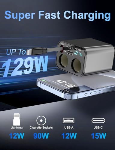 5 in 1 Retractable Car Charger, Fast Charging Cigarette Lighter Splitter with Cord 2.6ft, Dual USB Ports, 2 Sockets Cigarette Lighter Adapter for iPhone 14/13/12/11 Galaxy Pixel GPS Dash Cam
