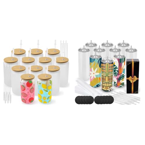 Joyclub Bundle of 12 Pack 16 oz Frosted Glass Cups Blanks with Bamboo Lid and 10 Pack 20 oz Skinny Straight Tumblers Blanks
