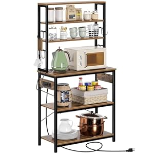 Rolanstar Baker’s Rack with 4AC Power Outlet, 65.7in Microwave Stand with 10 Hooks, Stable Coffee Bar Table, 6-Tier Kitchen Storage Shelf Rack, Rustic
