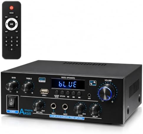 WOOPKER AK55 Stereo Amplifier Home Audio with Bluetooth 5.0 Rated Power 70W X2 Mini AMP 2.0 Channel Stereo Receivers for Home Theater Audio System, Studio, Karaoke, W/Bass/Treble/AUX/FM/MIC/USB