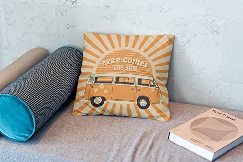 Boho Vintage Bus Here Comes The Sun Throw Pillow Case 18″×18″,Retro Hippies Orange Sun Sunshine Decorative Cushion Cover For Home Living Room Yard Patio Terrace,Gifts For Boho Lovers Women Girls #TOP1