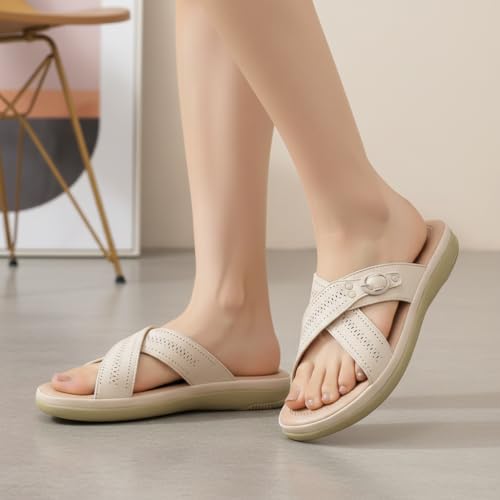 Image of SELBRO Women's Comfort Slip-On Sandals - Lightweight Criss-Cross Strap Flats with Laser-Cut Detail and Cushioned Footbed - Stylish Everyday Walking Flats SAR-CHD126