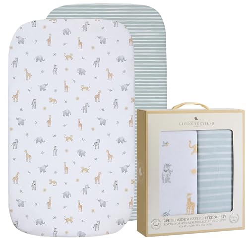 100% Organic Cotton Bedside Sleeper Bassinet Fitted Sheet 2 Pack -Premium Fabric for Baby's Best Comfort,Super Soft Baby Quilt, 92x47x12cm Soft,Breathable,Snug Fit GOTS Certified (Roam & Roar)