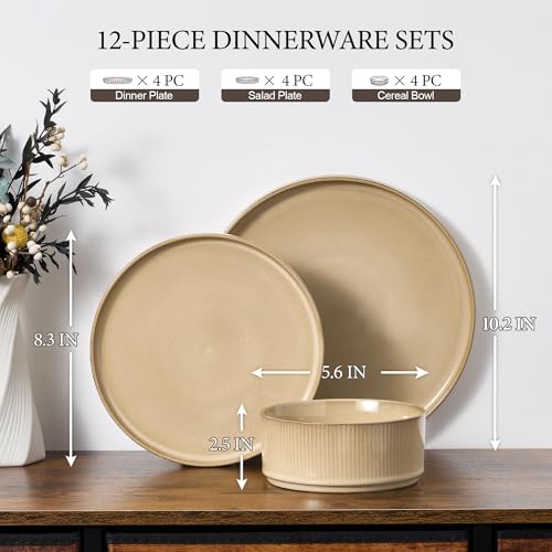 Image of E-far 12-Piece Plates and Bowls Sets, Stoneware Dinnerware Dishes Sets for 4, Kitchen Modern Dining Dishware, Chip & Scratch Resistant, Microwave & Dishwasher Safe, Caramel Khaki
