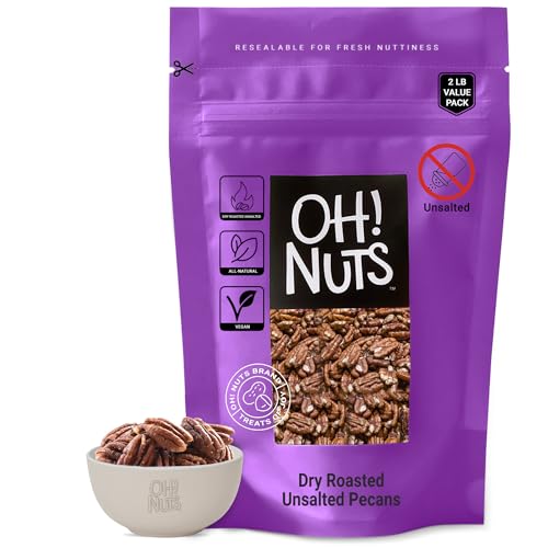 Oh! Nuts Pecans Dry Roasted Unsalted - Kosher, Oil-Free, All Natural Pecans - For Baking, Snacks, Salad, Dressing - Packed in 2 LB Resealable Bulk Bag