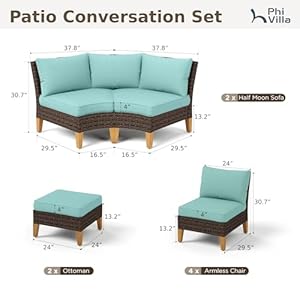 Phi villa 10 piece patio conversation set half moon curved sectional sofa outdoor oversized waterproof rattan furniture patio set with cushioned blue  urban country home decor