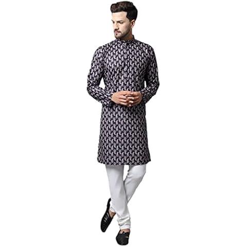 Men's Cotton Printed Kurta Pyjama Set Indian Wedding Eid Festive Party Wear Kurta Set for Boys Traditional Ethnic Dress for Men (Black-L) Cover