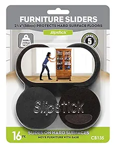 Slipstick CB135 Premium Felt Furniture Sliders for Hardwood Floors (16 Pack) Reusable 2-1/4? Round Movers for Sliding Furniture on Hard Surfaces, Heavy Duty Felt & Rubber Foam, Black