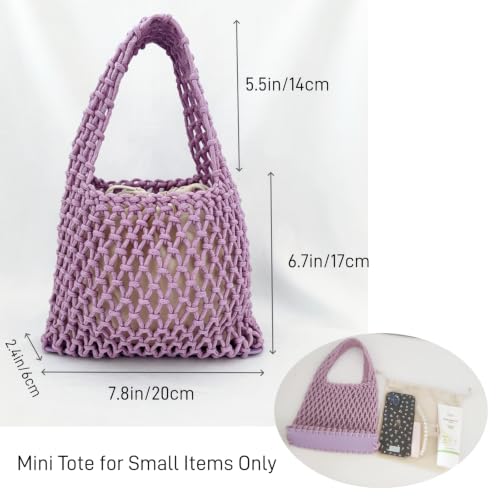 Image of Mini Clutch Handbag Fishing Net Bucket Bag Cotton Rope Crochet Drawstring Woven Beach Bag Small Tote for Women Girls