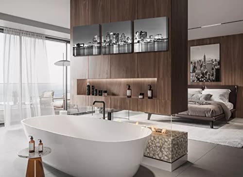 Black And White Boston Skyline Canvas Wall Art - 3 Pieces City Night Scene Panoramic Painting Pictures Canvas Print Modern Living Room Office Wall Decor Home Decorations Framed Ready To Hang 16"X16"X3 #TOP6