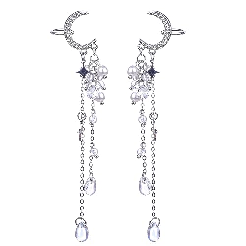 Kercisbeauty Moon Ear Cuff Stars Tassels Wrap Clip Earrings Non Pierced Ear Climber for Women Fairy Costume Silver Jewelry