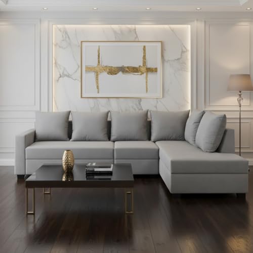 Image of FURNY Gloria 6 Seater Fabric RHS L Shape Sofa Set (Light Grey) Premium Velvet Finish | Durable Comfort | Ideal for Living Room