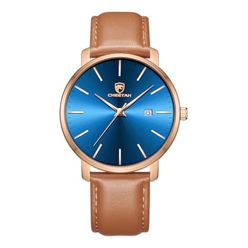 CHEETAH Minimalist Waterproof Quartz Watches for Men with Leather Strap in Brown, Auto Date, Rose Gold-Tone Case