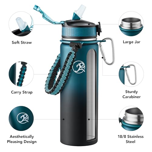 Image of GOSWAG 24oz Insulated Stainless Steel Travel Water Bottle, 2 Lids | with straw and no straw, Paracord handle, Double-wall vacuum keeps drinks cold or hot, Leakproof tumbler