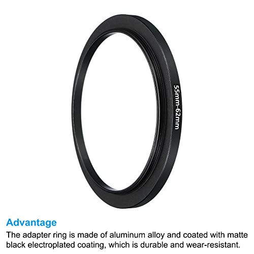 Image of PATIKIL 55mm-62mm Metal Step Up Ring, 2 Pack Camera Lens Filter Adapter Ring Aluminum Filter Adapter Ring for Camera Lenses Hood, Black
