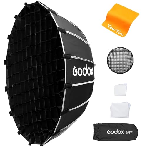 GODOX S85T Boîte à lumière 85 cm, avec grille, libération rapide, support Bowen, amovible et pliable en tissu noir pour flash de studio, lumière LED