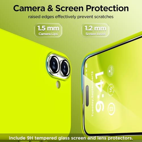 Image of Magnetic for iPhone 16 Case, Compatible with MagSafe, Liquid Silicone Phone Cover with Screen Protector & Camera Protector, Soft Anti-Scratch Microfiber Lining Inside 6.1 inch, Neon Yellow