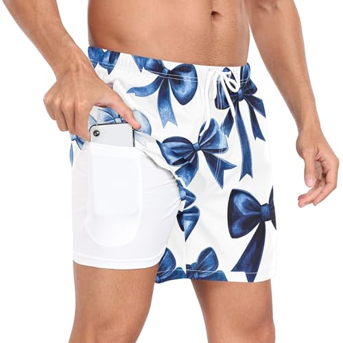 xigua Watercolor Blue Velvet Bows Mens Swim Trunks with Liner, 5 inch Quick Dry Mens Boardshorts for Beach2