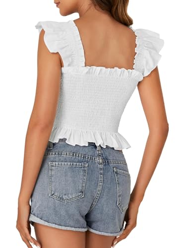 Rooscier Women's Smocked Ruffle Cap Sleeve Square Neck Peplum Blouse Top Plain White Small4