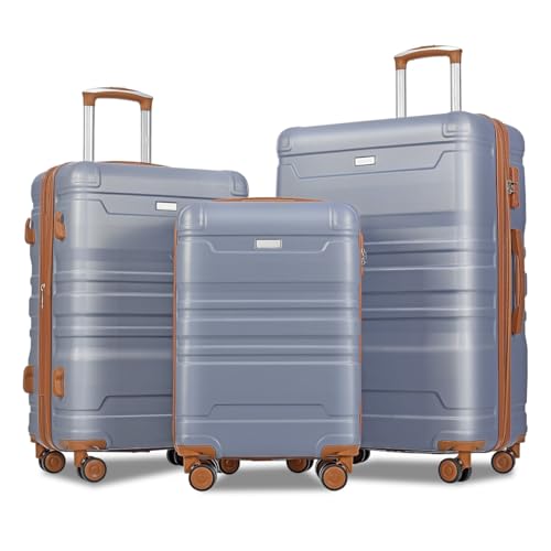 TRIPLE TREE New Travel Luggage Sets of 3 with Spinner Wheels, 3-Piece Expandable ABS Hardshell Luggage, Durable Hardside Lightweight Suitcase with TSA Lock (20''24''28''), Blue & Brow