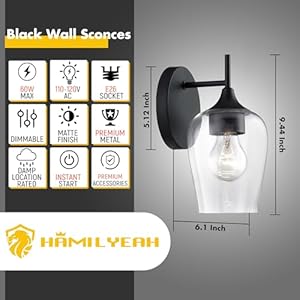   Hamilyeah-Black-Wall-Sconces-Set-of-Two-Farmhouse-Sconces-Wall-Lighting-Hardwired-Bathroom-Vanity-Lighting-with-Clear-Champagne-Glass-Shade-Indoor-Wall-Lamp-for-Kitchen-Stairway-Living-Room