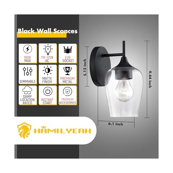   Hamilyeah-Black-Wall-Sconces-Set-of-Two-Farmhouse-Sconces-Wall-Lighting-Hardwired-Bathroom-Vanity-Lighting-with-Clear-Champagne-Glass-Shade-Indoor-Wall-Lamp-for-Kitchen-Stairway-Living-Room