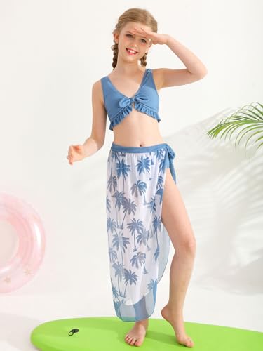 Image of ESHOO Girls Swimsuits 3 Piece Bikinis Sets with Cover Up Skirt Warp Bathing Suit Beach Swimwear for Teen Girls 10-14 Years
