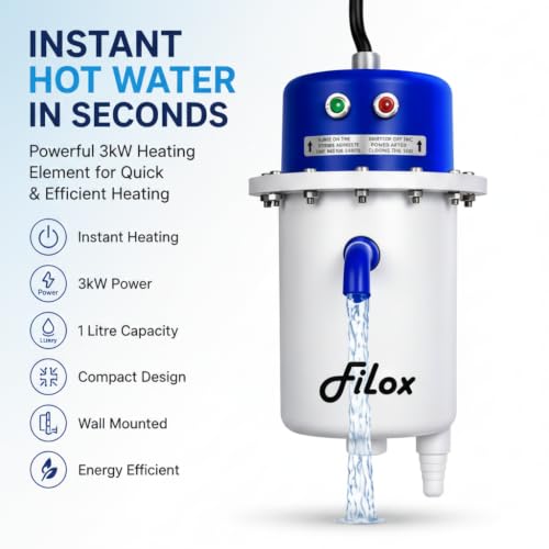 Image of Filox Instant Water Heater 1 Litre 3KW | Portable Mini Instant Electric Geyser | Copper Heating Element | Shockproof ABS Body | Auto Cut-Off Safety | Wall Mount Water Heater for Bathroom, Kitchen