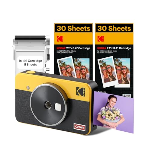 Image of KODAK Mini Shot 2 Retro 4PASS 2-in-1 Instant Digital Camera and Photo Printer (2.1x3.4 inches) + 68 Sheets Bundle, Yellow