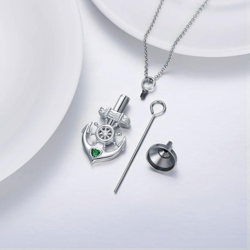 SOULMEET Birthstone Anchor Necklace for Ashes, Nautical Anchor Birthstone Urn Locket, Silver/White Gold Keepsake Cremation Jewelry Gift Pet Human Ashes Holder Sailing Pendant Necklace