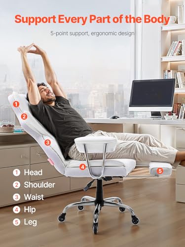 Image of VEVOR Reclining Office Chair with Footrest, Heavy Duty PU Leather Oversize Office Chair, Big and Tall Executive Office Chairs with Lumbar Support, Strong Metal Base Quiet Wheels, White