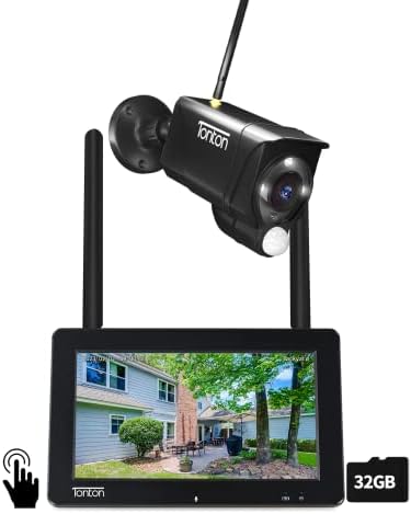 [2K&2-Way Audio&Floodlight] Tonton Portable LCD Security Camera System Wireless, 7" IPS Touchscreen Monitor with Battery,4CH NVR and 1PCS 3MP Spotlight IP Cameras with PIR Sensor,32GB SD Card Included