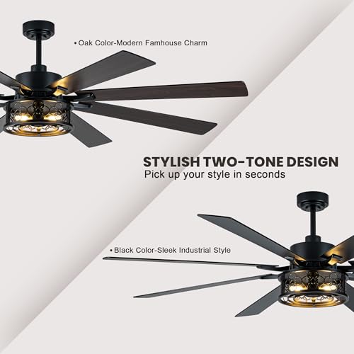 Image of Dawn Whisper 72 Inch Ceiling Fans with Lights Black Farmhouse Ceiling Fan with Remote Quiet Reversible DC Motor 6 Speeds 8 Blades