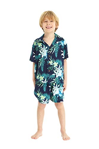 Image of Family Matching Hawaiian Clothes, Orchid Breeze Navy | Lightweight 100% rayon • Family matching outfits • Beach vacations • Luaus • Cruises • Family photos