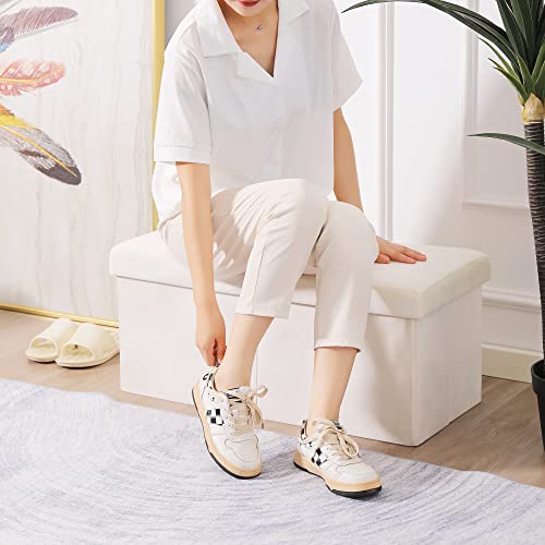 Image of Storage Ottoman Bench Foldable Footrest Foot Stool, 30 inch Velvet Cream | Small Ottoman Foot Rest Seat Shoe Bench Flip-Top forliving Room End of Bed Bedroom Couch Dorm, 80L Folding Upholstered Chair