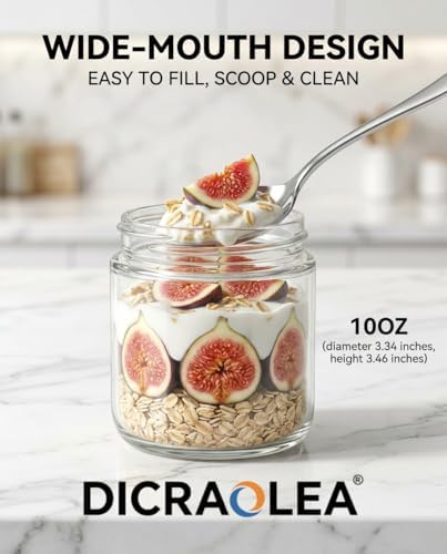 DicraoLea 10oz 4Pack Glass Overnight Oats Jars Containers with Airtight Leakproof Lids, Reusable Mason Jars for Meal Prep, Yogurt Parfaits, Smoothies, Salads & Healthy Breakfasts (10 OZ-4-1) - 4