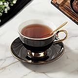 DUJUST Porcelain Tea Cup and Saucer Set with Spoon - Luxury Black British Style Modern Tea Set with Golden Trim, for Room Decoration & Tea Party - Black