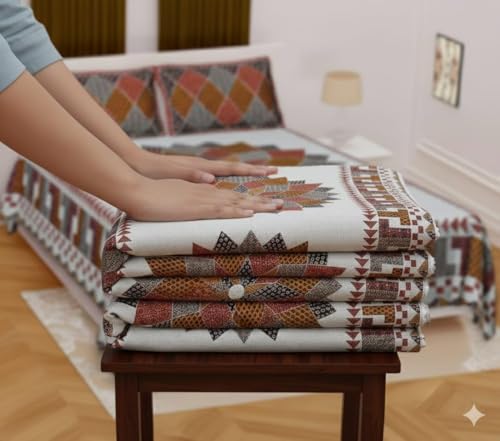 Image of Pure 100% Cotton Double Bed Sheet with 2 Pillow Covers (Bedsheet for Double Bed Cotton, Multicolour Jaipuri, Double Bed Sheet (White & Yellow, Double)