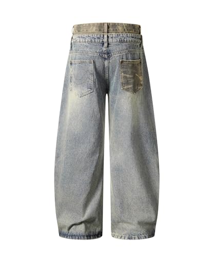 Unisex Vintage Wide Leg Jeans, Distressed Double Waist Baggy Barrel Pants, Casual Streetwear Denim2