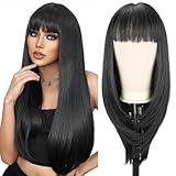 Aomuco Natural Black Wig with Bangs Long Straight Wigs for Women Synthetic Hair Wigs with Bangs Cosplay Party Daily Use Wigs for Women(24 Inch)