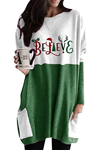 Bofeta Christmas Sweatshirts For Women Merry Christmas Plaid Pullover Sweatshirts Holiday Graphic Tops Believe Green L #TOP12