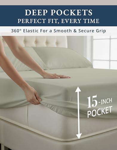 Image of LANE LINEN Bed Sheets Queen Size 100% Egyptian Cotton Sateen - Mineral | Deep Pocket Queen Sheets - 4-Piece Set, Long-Staple Egyptian Cotton, For A Cool, Restful Sleep, Guest-Ready Comfort