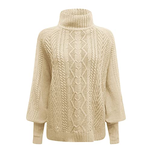 Sweaters for Women Mock Turtleneck Solid Cable Knitted Trendy Lantern Sleeve Warm Comfort Pullover Sweaters Tops4