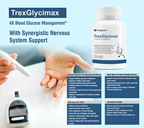 Image of Trexgenics TREXGLYCIMAX 4X Sugar level + Nerve Antioxidant Support with Gymnema Sylvestre 75% 250mg, Bitter Melon 5% 250mg, Alpha Lipoic acid 150mg & Chromium Picolinate (60 Veg. Capsules)