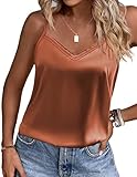 Ekouaer Lace Silk Satin Camisole V Neck Tank Top Silky Cami Top Dreesy Blouse for Women Brown Medium