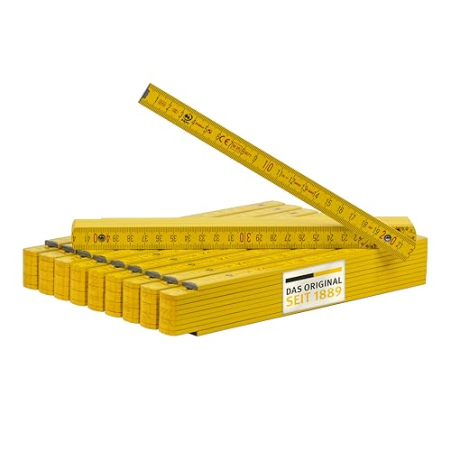 Stabila Zollstock 2 Meter Type 407 - Meterstab gelb, metrische Skala, hochwertiger Gliedermaßstab mit Winkelfunktion aus PEFC-zertifiziertem Holz, Stahlblechgelenke (10er Pack Zollstöcke)